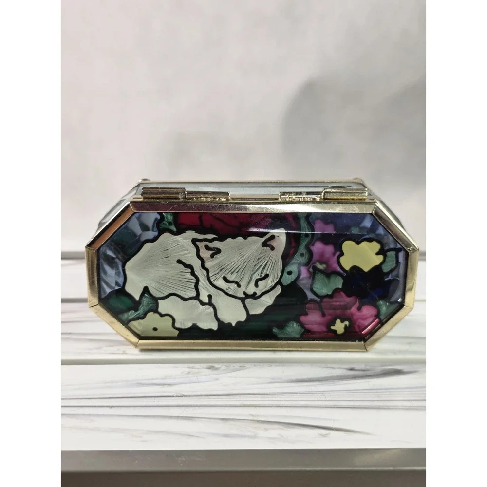 John Baker Designs Stained Glass / Glass Trinket Box Two Cats Sleeping Vintage